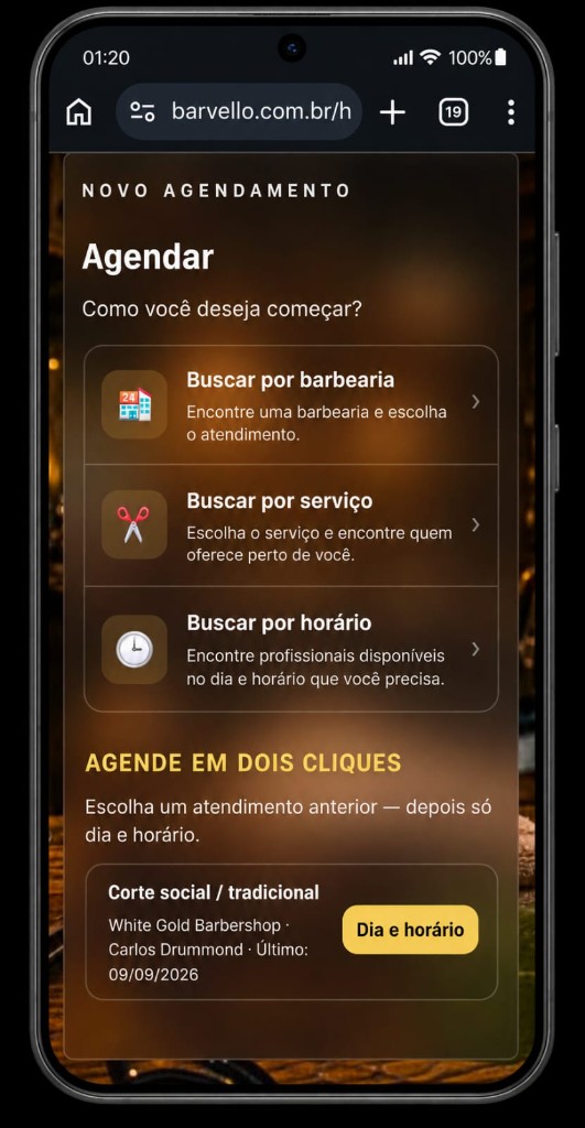 Tela Agendar com busca por barbearia, serviço ou horário
