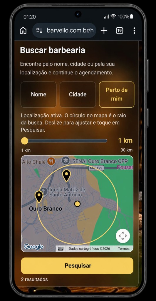 Busca de barbearia por nome, cidade ou proximidade no mapa