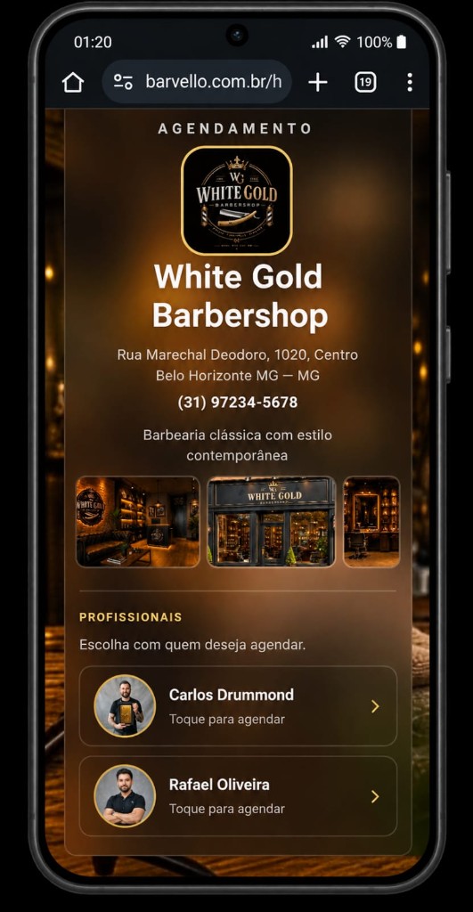 Perfil da barbearia com lista de profissionais para agendar