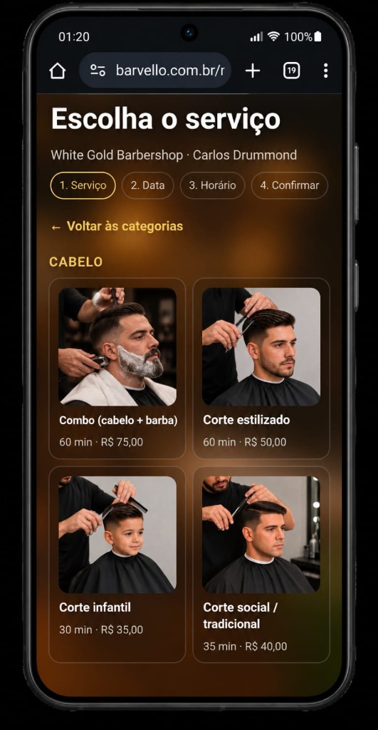 Grade de serviços com foto, duração e preço
