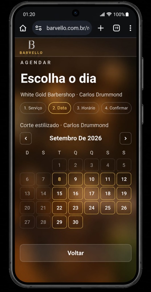 Calendário com datas disponíveis para o agendamento