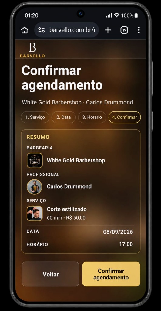 Resumo compacto com barbearia, profissional, serviço, data e horário