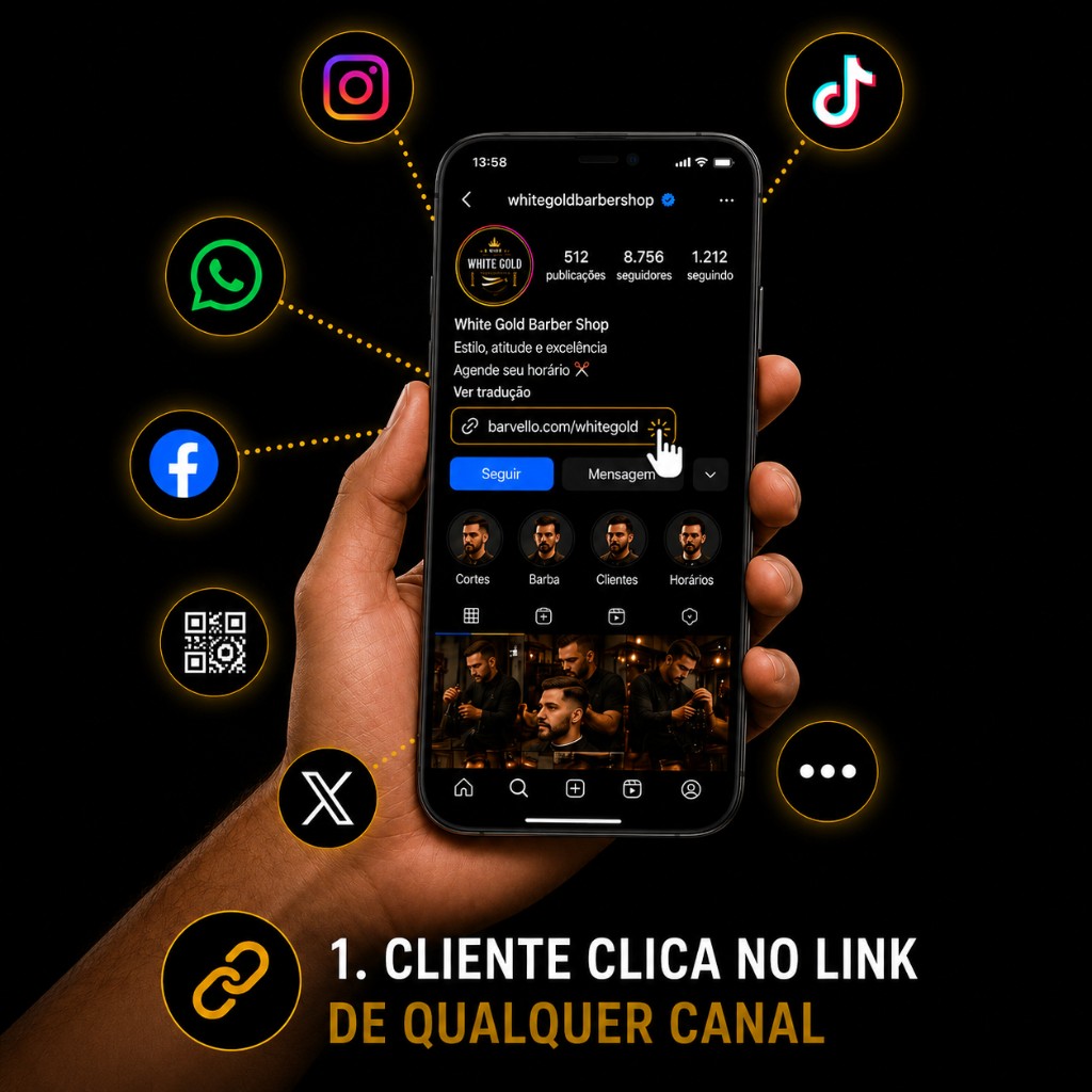 Cliente clicando no link da barbearia a partir de Instagram, TikTok, WhatsApp, Facebook, X, QR Code e outros canais