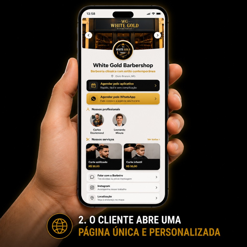 Cliente abrindo a página pública e personalizada da barbearia com serviços, profissionais e agendamento