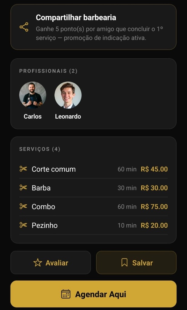 Serviços da barbearia no Barvello